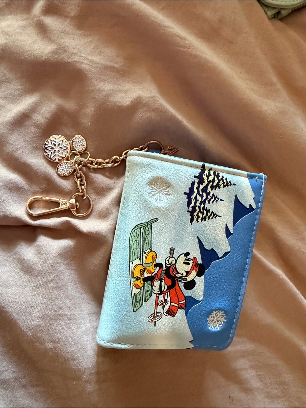 Disney Light Blue Mickey Skiing Wristlet Keychain Wallet with Gold Charm